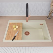 HD Infinity White 78 egymedencés gránit mosogatótálca szett, vágódeszkával, acél csepegtetőráccsal és kosárral, tört fehér színben, szálcsiszolt réz leeresztő szifonnal