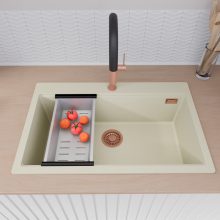 HD Infinity White 78 egymedencés gránit mosogatótálca szett, vágódeszkával, acél csepegtetőráccsal és kosárral, tört fehér színben, szálcsiszolt réz leeresztő szifonnal