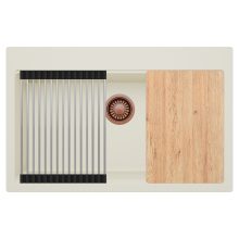 HD Infinity White 78 egymedencés gránit mosogatótálca szett, vágódeszkával, acél csepegtetőráccsal, tört fehér színben, szálcsiszolt réz leeresztő szifonnal