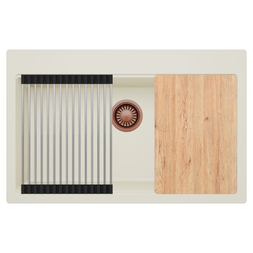 HD Infinity White 78 egymedencés gránit mosogatótálca szett, vágódeszkával, acél csepegtetőráccsal, tört fehér színben, szálcsiszolt réz leeresztő szifonnal