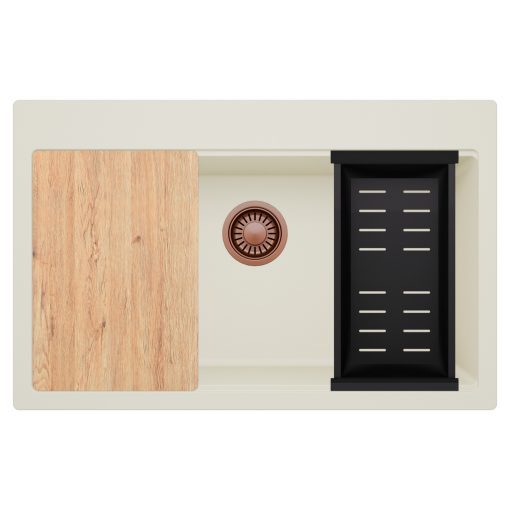 HD Infinity White 78 egymedencés gránit mosogatótálca szett, matt fekete csepegtetőkosárral, tört fehér színben, szálcsiszolt réz leeresztő szifonnal