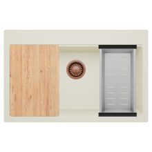 HD Infinity White 78 egymedencés gránit mosogatótálca szett, vágódeszkával, acél csepegtetőkosárral, tört fehér színben, szálcsiszolt réz leeresztő szifonnal