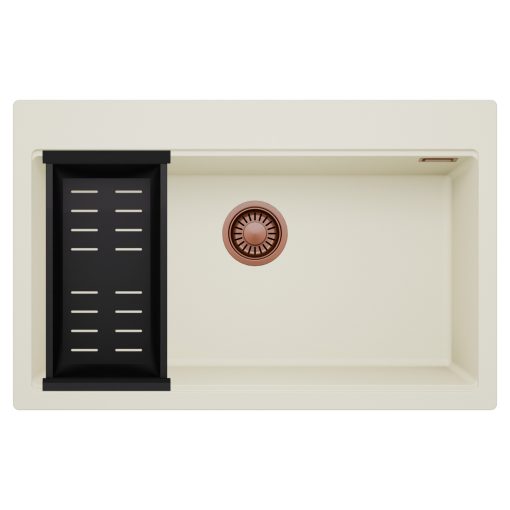 HD Infinity White 78 egymedencés gránit mosogatótálca szett, matt fekete csepegtetőkosárral, tört fehér színben, szálcsiszolt réz leeresztő szifonnal