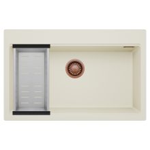 HD Infinity White 78 egymedencés gránit mosogatótálca szett, acél csepegtetőkosárral, tört fehér színben, szálcsiszolt réz leeresztő szifonnal