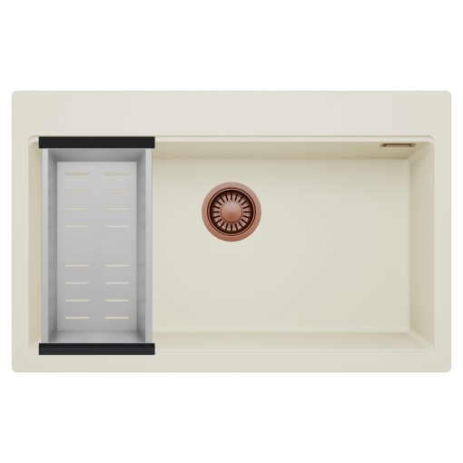 HD Infinity White 78 egymedencés gránit mosogatótálca szett, acél csepegtetőkosárral, tört fehér színben, szálcsiszolt réz leeresztő szifonnal