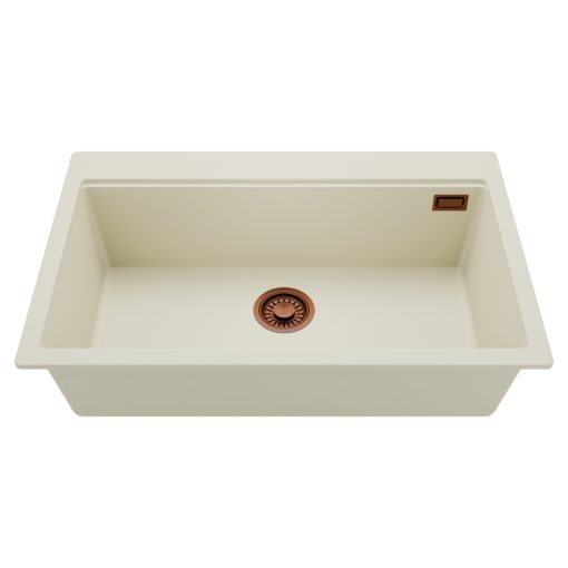 HD Infinity White 78 egymedencés gránit mosogatótálca, tört fehér színben, szálcsiszolt réz leeresztő szifonnal