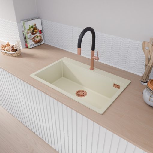 HD Infinity White 78 egymedencés gránit mosogatótálca, tört fehér színben, szálcsiszolt réz leeresztő szifonnal