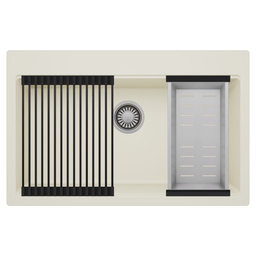 HD Infinity White 78 egymedencés gránit mosogatótálca szett, matt fekete csepegtetőráccsal és krómozott kosárral, tört fehér színben