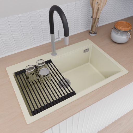 HD Infinity White 78 egymedencés gránit mosogatótálca szett, matt fekete csepegtetőráccsal és krómozott kosárral, tört fehér színben