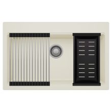 HD Infinity White 78 egymedencés gránit mosogatótálca szett, acél csepegtetőráccsal és matt fekete kosárral, tört fehér színben