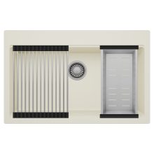 HD Infinity White 78 egymedencés gránit mosogatótálca szett, acél csepegtetőráccsal és kosárral, tört fehér színben