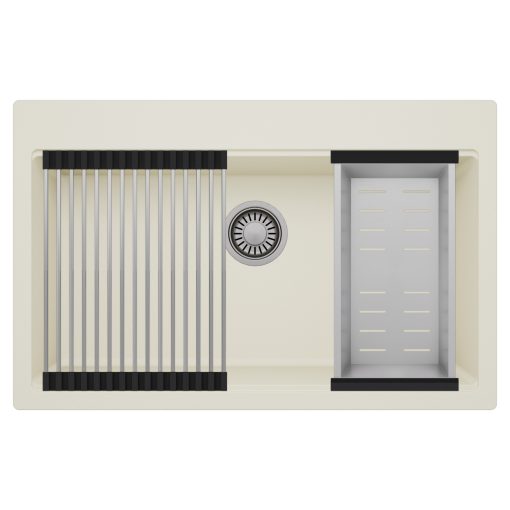 HD Infinity White 78 egymedencés gránit mosogatótálca szett, acél csepegtetőráccsal és kosárral, tört fehér színben