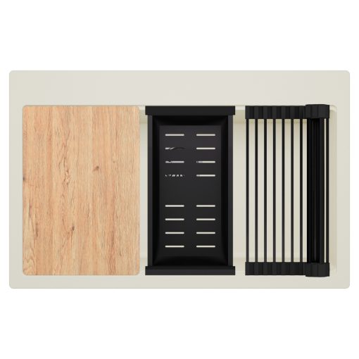 HD Infinity White 78 egymedencés gránit mosogatótálca szett, vágódeszkával, matt fekete csepegtetőráccsal és kosárral, tört fehér színben