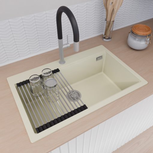 HD Infinity White 78 egymedencés gránit mosogatótálca szett, vágódeszkával, acél csepegtetőráccsal és matt fekete kosárral, tört fehér színben