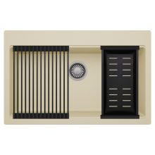 HD Infinity Beige 78 egymedencés gránit mosogatótálca szett, matt fekete csepegtetőráccsal és kosárral, soft bézs színben, szálcsiszolt króm leeresztő szifonnal