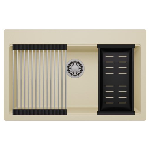HD Infinity Beige 78 egymedencés gránit mosogatótálca szett, acél csepegtetőráccsal és matt fekete kosárral, soft bézs színben, szálcsiszolt króm leeresztő szifonnal