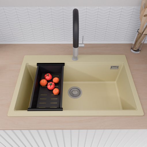 HD Infinity Beige 78 egymedencés gránit mosogatótálca szett, acél csepegtetőráccsal és matt fekete kosárral, soft bézs színben, szálcsiszolt króm leeresztő szifonnal