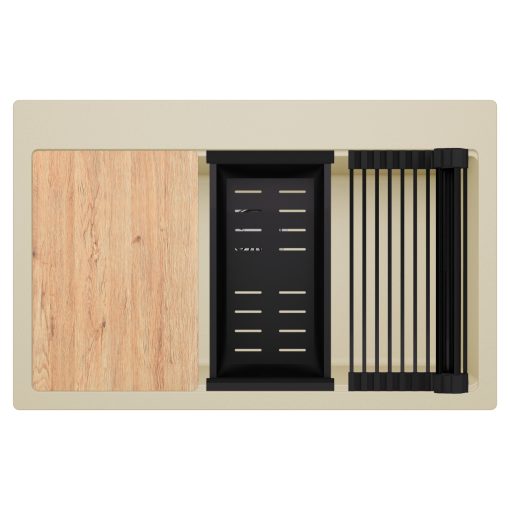 HD Infinity Beige 78 egymedencés gránit mosogatótálca szett, vágódeszkával, matt fekete csepegtetőráccsal és kosárral, soft bézs színben, szálcsiszolt króm leeresztő szifonnal