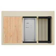 HD Infinity Beige 78 egymedencés gránit mosogatótálca szett, vágódeszkával, matt fekete csepegtetőráccsal és krómozott kosárral, soft bézs színben, szálcsiszolt króm leeresztő szifonnal