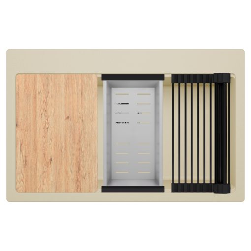 HD Infinity Beige 78 egymedencés gránit mosogatótálca szett, vágódeszkával, matt fekete csepegtetőráccsal és krómozott kosárral, soft bézs színben, szálcsiszolt króm leeresztő szifonnal