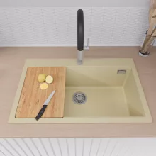 HD Infinity Beige 78 egymedencés gránit mosogatótálca szett, vágódeszkával, acél csepegtetőráccsal és kosárral, soft bézs színben, szálcsiszolt króm leeresztő szifonnal