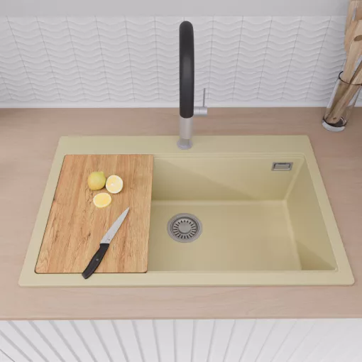 HD Infinity Beige 78 egymedencés gránit mosogatótálca szett, vágódeszkával, acél csepegtetőráccsal és kosárral, soft bézs színben, szálcsiszolt króm leeresztő szifonnal