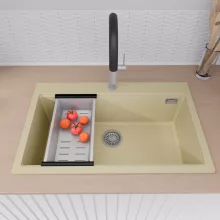 HD Infinity Beige 78 egymedencés gránit mosogatótálca szett, vágódeszkával, acél csepegtetőráccsal és kosárral, soft bézs színben, szálcsiszolt króm leeresztő szifonnal