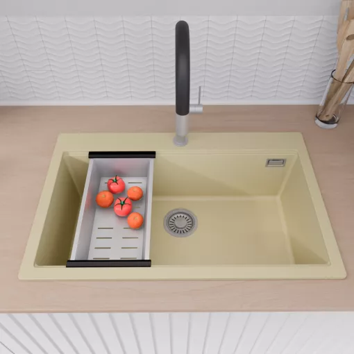 HD Infinity Beige 78 egymedencés gránit mosogatótálca szett, vágódeszkával, acél csepegtetőráccsal és kosárral, soft bézs színben, szálcsiszolt króm leeresztő szifonnal
