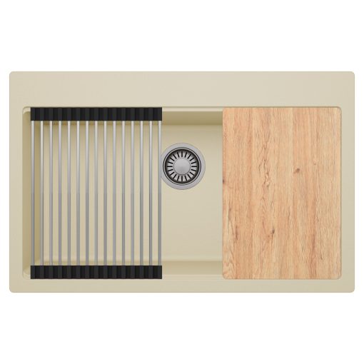 HD Infinity Beige 78 egymedencés gránit mosogatótálca szett, vágódeszkával, acél csepegtetőráccsal, soft bézs színben, szálcsiszolt króm leeresztő szifonnal
