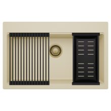 HD Infinity Beige 78 egymedencés gránit mosogatótálca szett, matt fekete csepegtetőráccsal és kosárral, soft bézs színben, szálcsiszolt arany leeresztő szifonnal