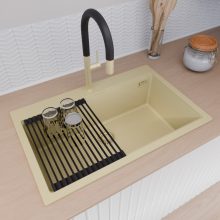 HD Infinity Beige 78 egymedencés gránit mosogatótálca szett, matt fekete csepegtetőráccsal és kosárral, soft bézs színben, szálcsiszolt arany leeresztő szifonnal