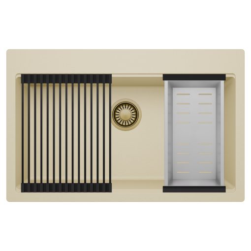 HD Infinity Beige 78 egymedencés gránit mosogatótálca szett, matt fekete csepegtetőráccsal és krómozott kosárral, soft bézs színben, szálcsiszolt arany leeresztő szifonnal