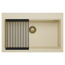 HD Infinity Beige 78 egymedencés gránit mosogatótálca szett, matt fekete csepegtetőráccsal, soft bézs színben, szálcsiszolt arany leeresztő szifonnal