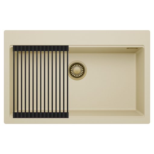 HD Infinity Beige 78 egymedencés gránit mosogatótálca szett, matt fekete csepegtetőráccsal, soft bézs színben, szálcsiszolt arany leeresztő szifonnal