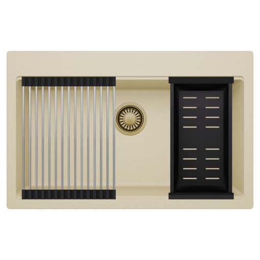 HD Infinity Beige 78 egymedencés gránit mosogatótálca szett, acél csepegtetőráccsal és matt fekete kosárral, soft bézs színben, szálcsiszolt arany leeresztő szifonnal