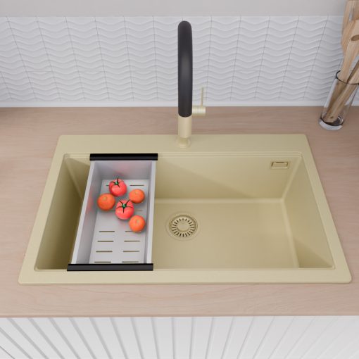 HD Infinity Beige 78 egymedencés gránit mosogatótálca szett, vágódeszkával, matt fekete csepegtetőráccsal és krómozott kosárral, soft bézs színben, szálcsiszolt arany leeresztő szifonnal