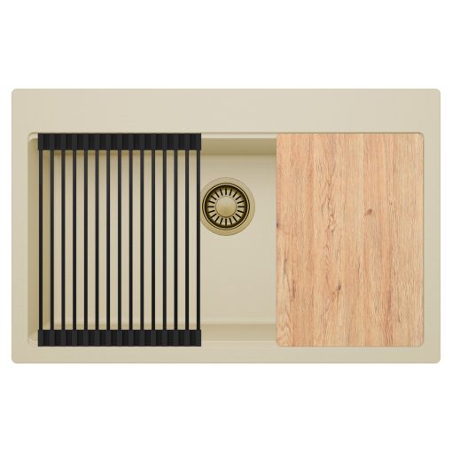 HD Infinity Beige 78 egymedencés gránit mosogatótálca szett, vágódeszkával, matt fekete csepegtetőráccsal, soft bézs színben, szálcsiszolt arany leeresztő szifonnal