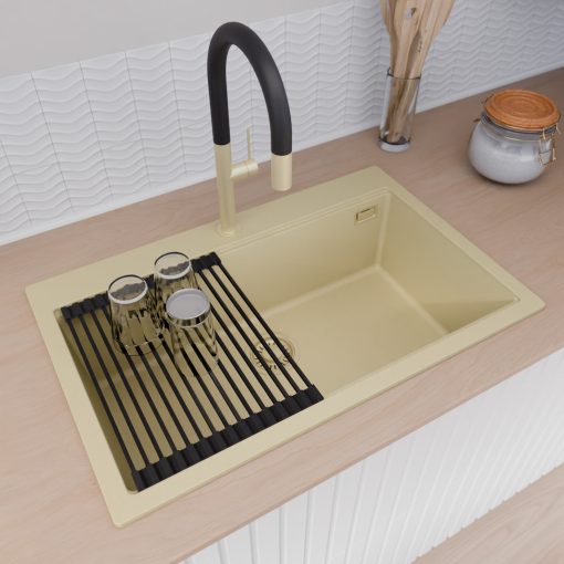 HD Infinity Beige 78 egymedencés gránit mosogatótálca szett, vágódeszkával, matt fekete csepegtetőráccsal, soft bézs színben, szálcsiszolt arany leeresztő szifonnal