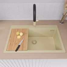 HD Infinity Beige 78 egymedencés gránit mosogatótálca szett, vágódeszkával, acél csepegtetőráccsal és kosárral, soft bézs színben, szálcsiszolt arany leeresztő szifonnal