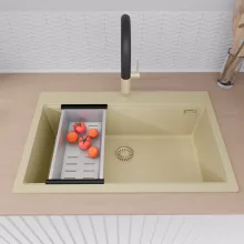 HD Infinity Beige 78 egymedencés gránit mosogatótálca szett, vágódeszkával, acél csepegtetőráccsal és kosárral, soft bézs színben, szálcsiszolt arany leeresztő szifonnal