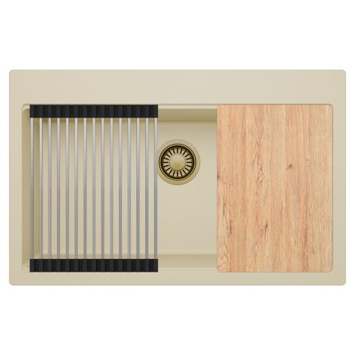 HD Infinity Beige 78 egymedencés gránit mosogatótálca szett, vágódeszkával, acél csepegtetőráccsal, soft bézs színben, szálcsiszolt arany leeresztő szifonnal