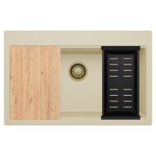 HD Infinity Beige 78 egymedencés gránit mosogatótálca szett, vágódeszkával, matt fekete csepegtetőkosárral, soft bézs színben, szálcsiszolt arany leeresztő szifonnal