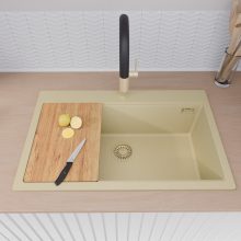 HD Infinity Beige 78 egymedencés gránit mosogatótálca szett, vágódeszkával, matt fekete csepegtetőkosárral, soft bézs színben, szálcsiszolt arany leeresztő szifonnal