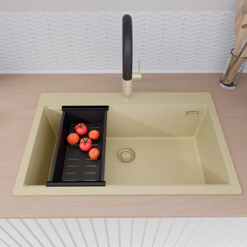 HD Infinity Beige 78 egymedencés gránit mosogatótálca szett, vágódeszkával, matt fekete csepegtetőkosárral, soft bézs színben, szálcsiszolt arany leeresztő szifonnal