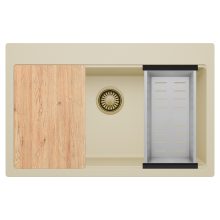 HD Infinity Beige 78 egymedencés gránit mosogatótálca szett, vágódeszkával, acél csepegtetőkosárral, soft bézs színben, szálcsiszolt arany leeresztő szifonnal