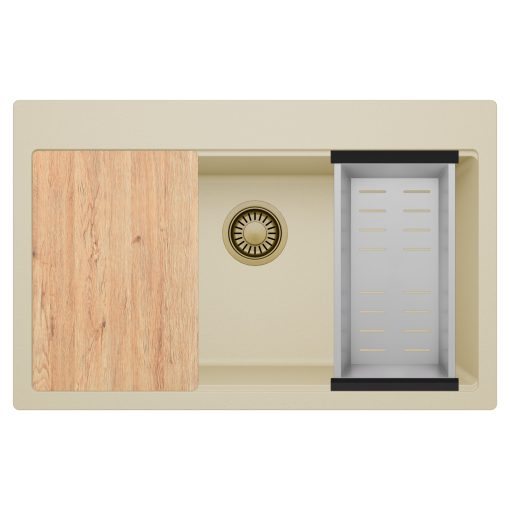 HD Infinity Beige 78 egymedencés gránit mosogatótálca szett, vágódeszkával, acél csepegtetőkosárral, soft bézs színben, szálcsiszolt arany leeresztő szifonnal