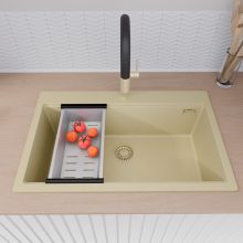 HD Infinity Beige 78 egymedencés gránit mosogatótálca szett, vágódeszkával, acél csepegtetőkosárral, soft bézs színben, szálcsiszolt arany leeresztő szifonnal