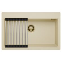 HD Infinity Beige 78 egymedencés gránit mosogatótálca szett, acél csepegtetőráccsal, soft bézs színben, szálcsiszolt arany leeresztő szifonnal