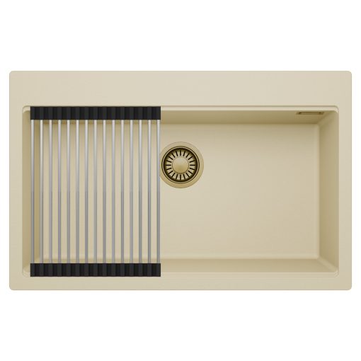 HD Infinity Beige 78 egymedencés gránit mosogatótálca szett, acél csepegtetőráccsal, soft bézs színben, szálcsiszolt arany leeresztő szifonnal