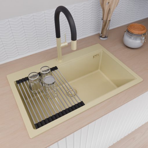 HD Infinity Beige 78 egymedencés gránit mosogatótálca szett, acél csepegtetőráccsal, soft bézs színben, szálcsiszolt arany leeresztő szifonnal